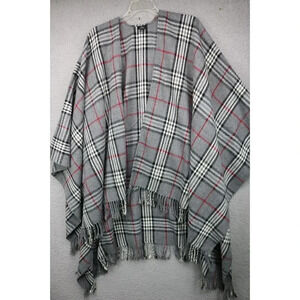 V. Fraas Women's Ruona Gray & Red Plaid Fringed Wrap-Poncho-One Size